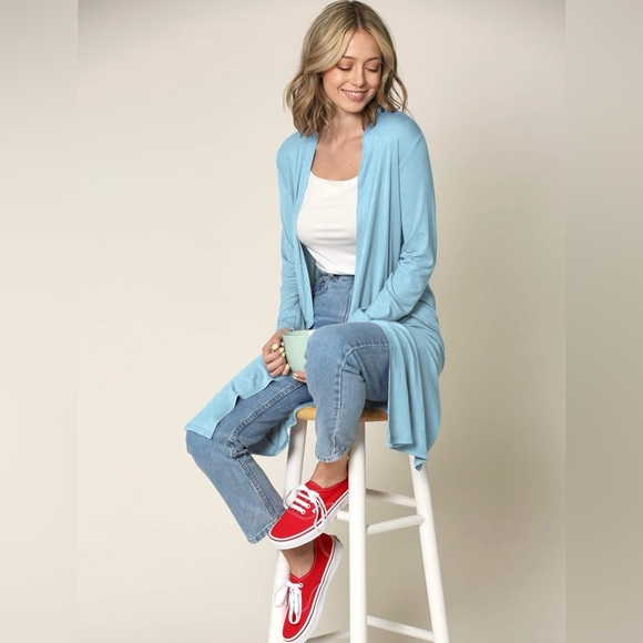 Solid Long Sleeve Open Front Long Cardigan -aqua - Picture 4 of 5